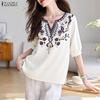 ZANZEA Ethnic Print Casual V-Neck Women 3/4 Sleeve Loose Blouse