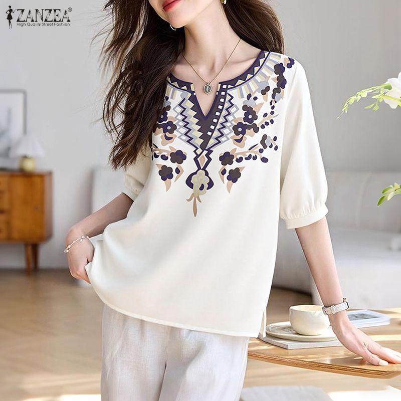 ZANZEA Ethnic Print Casual V-Neck Women 3/4 Sleeve Loose Blouse