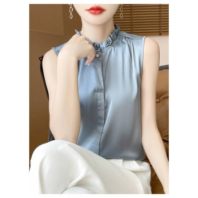 Women Beige Sleeveless Blouse With Ruffle Neck And Button Down Casual Silk Like Summer Top