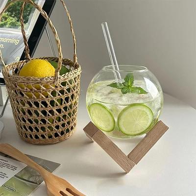 Bicchiere Tazza da Bere con Supporto in Legno Forma Lunare Rotonda Creativa Tazza da Bere Tazza da Cocktail Tazza per Smoothie Frutta Luna Succo Bicchiere Trasparente