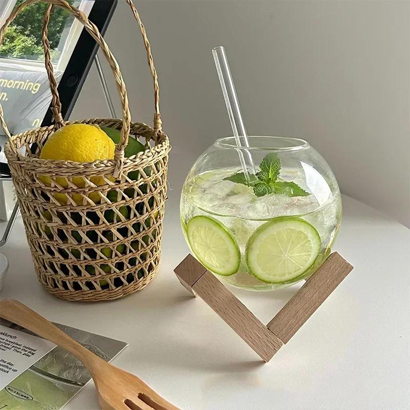 Bicchiere Tazza da Bere con Supporto in Legno Forma Lunare Rotonda Creativa Tazza da Bere Tazza da Cocktail Tazza per Smoothie Frutta Luna Succo Bicchiere Trasparente
