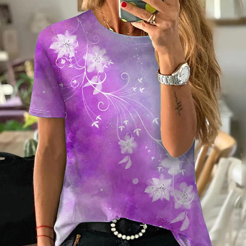Damen Sommer T-Shirt Trend Blumendruck Retro Mode Kurzarm Tees Lässig Bedruckte Oberteile