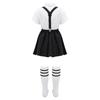 Girls Preppy Style Turndown Collar Bow Top Long or Short Sleeve Button Down with Elastic Waistband Overalls Skirt and Socks Outfit