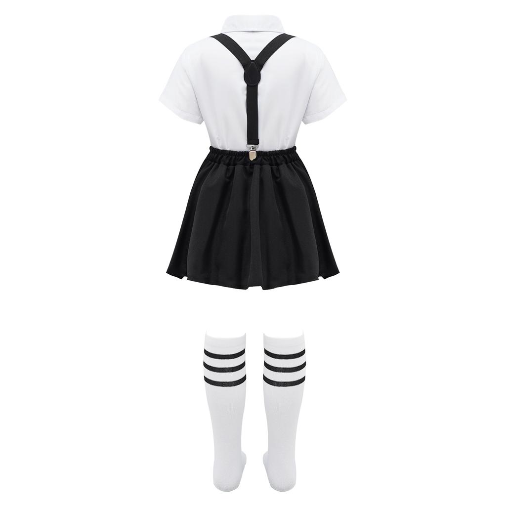 Girls Preppy Style Turndown Collar Bow Top Long or Short Sleeve Button Down with Elastic Waistband Overalls Skirt and Socks Outfit