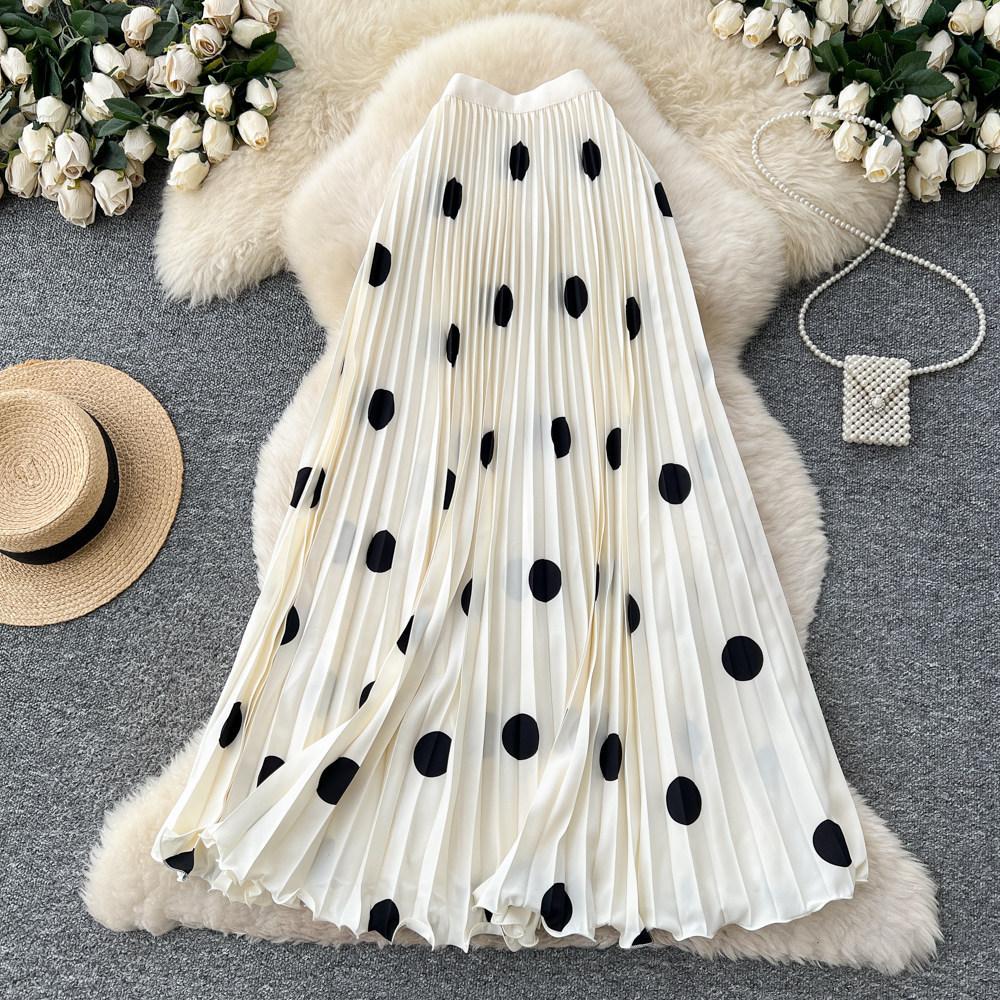 Qooth Vintage Large Polka Dot Pleated A-Line Maxi Skirt Elegant QT2893
