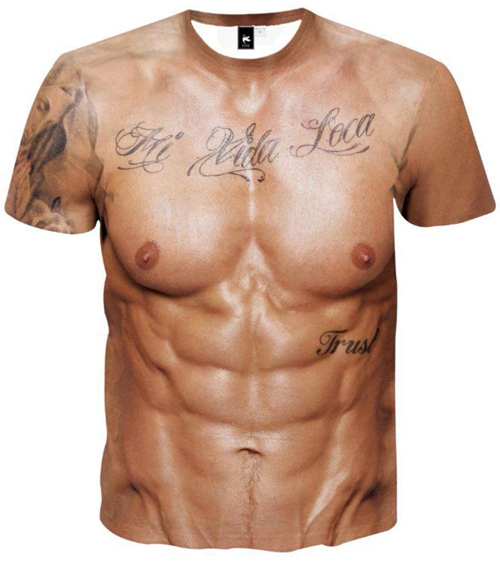 

Amade Short Sleeve Muscle Tattoo Perfect for Macho Party and Slim Fits Men s T-Shirt, Costumes, Wear, More. Fit. XL.