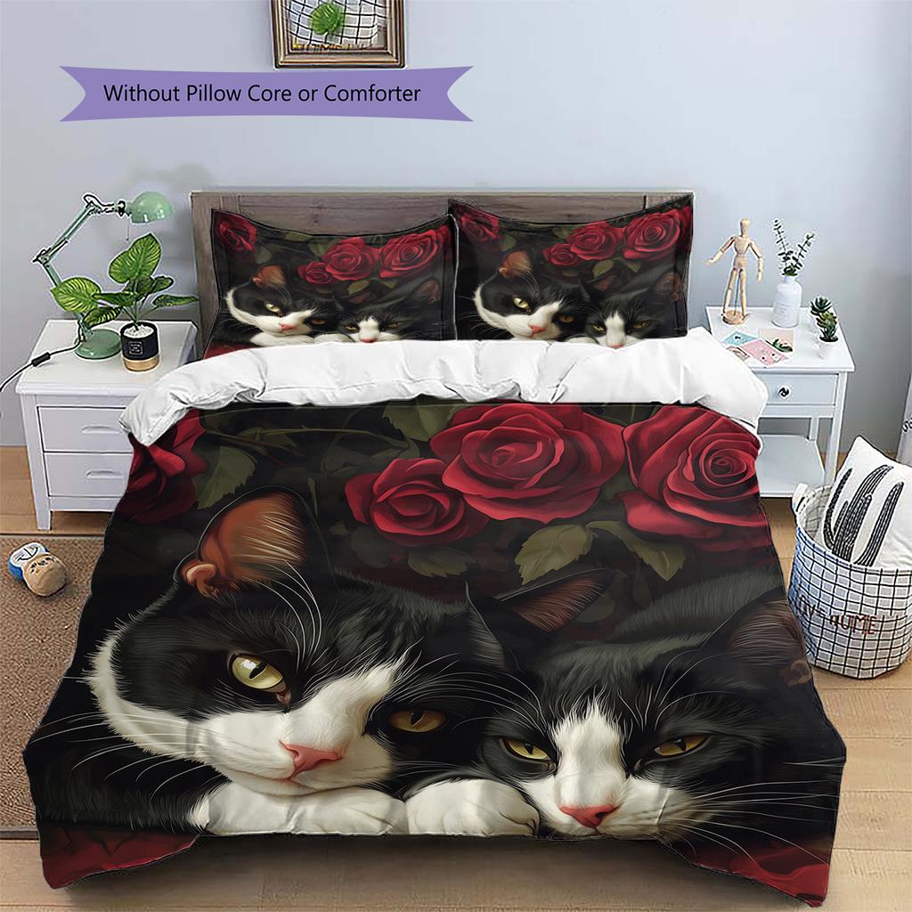 Cow Cat and flowers Pattern Bedding Home Decoration Birthday Gift (1 * duvet cover + 2 * pillowcase, without core)