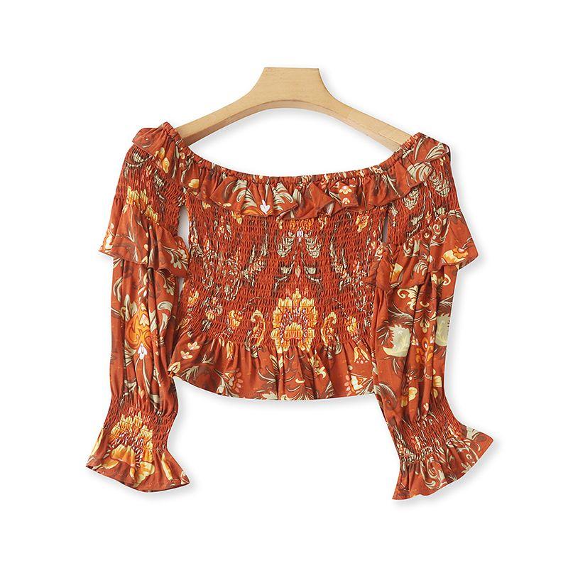 

Внешняя блузка с открытым плечом и цветочным принтом, весна-осень, новинка, рубашка с рукавами-колокольчиками, облегающая короткая базовая блузка 12333 Caramel Bottom Flower S