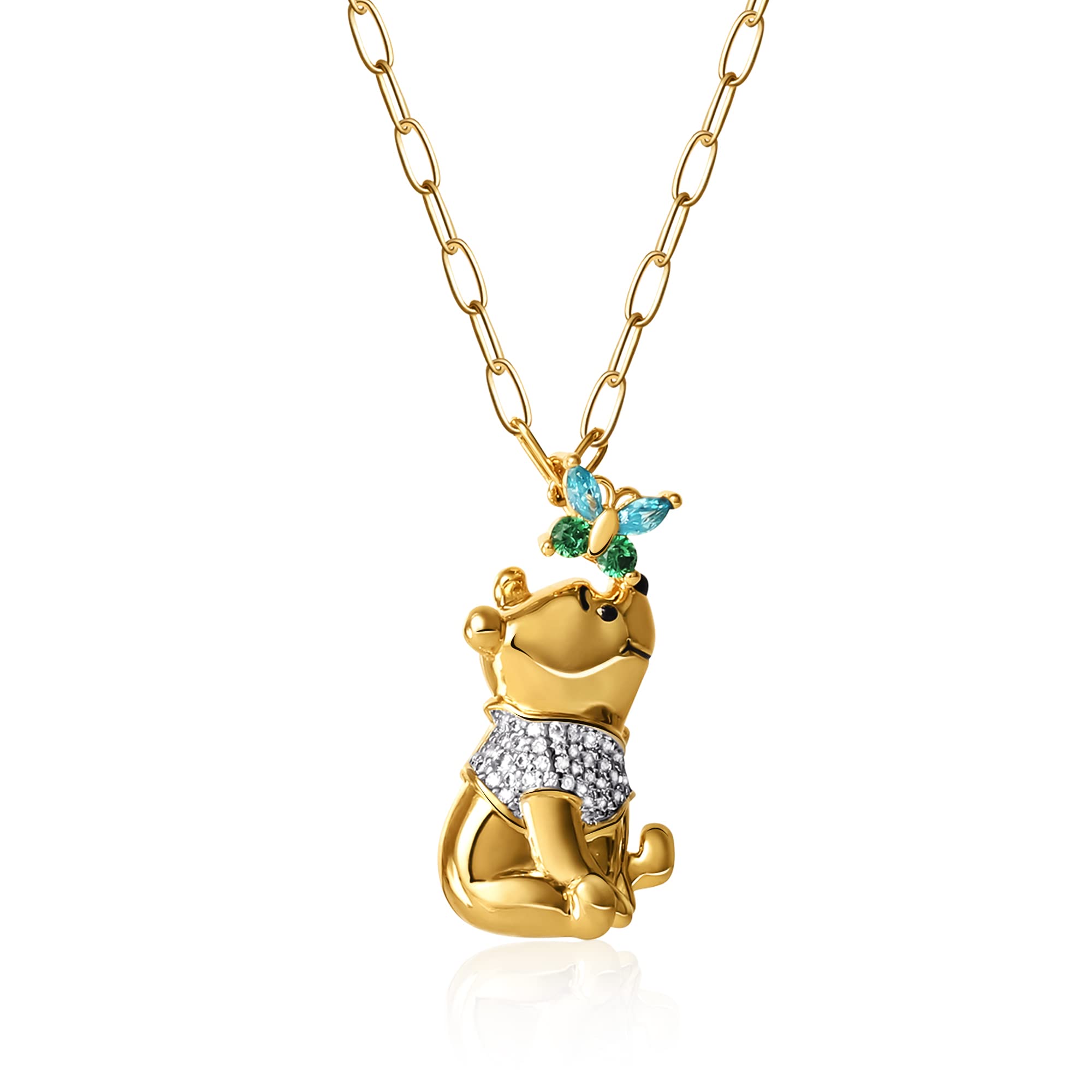 

Disney Winnie the Pooh Pendant Necklace with Paperclip Yellow Gold Plated Butterfly and Pooh Winnie the Pooh Cubic Zirconia Chain, 18-inch Necklace,