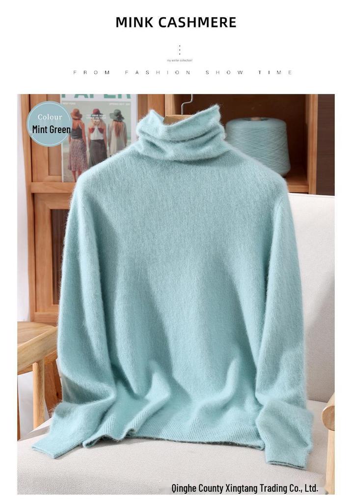 Mink Velvet Women's High Neck Rabbit Fur Knit Sweater, Slim Fit Cashmere Base Layer