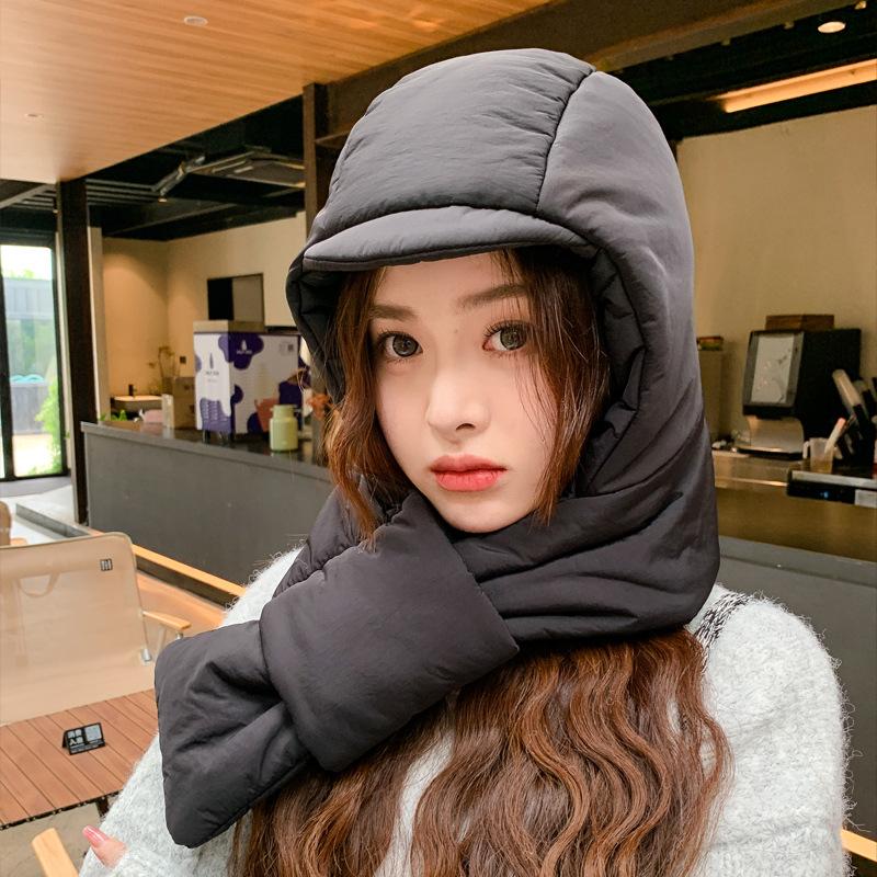 New Winter Hat Scarf Integrated Cold proof Thick Down Hat Riding Ear Protection Hat Northeast Warmth Lei Feng Hat Women