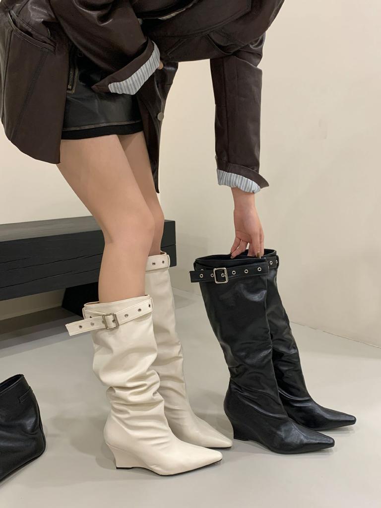 2025 new over-the-knee boots women's niche belt buckle stacking boots tall knight boots wedge heel western cowboy boots