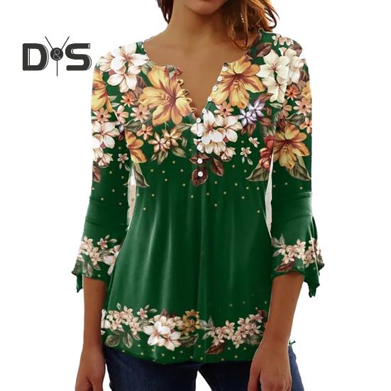 Women Spring Autumn V Neck Buttons Half Placket Blouse 3/4 Sleeves Loose Hem 3D Flower Print Pullover T Shirt Top Streetwear