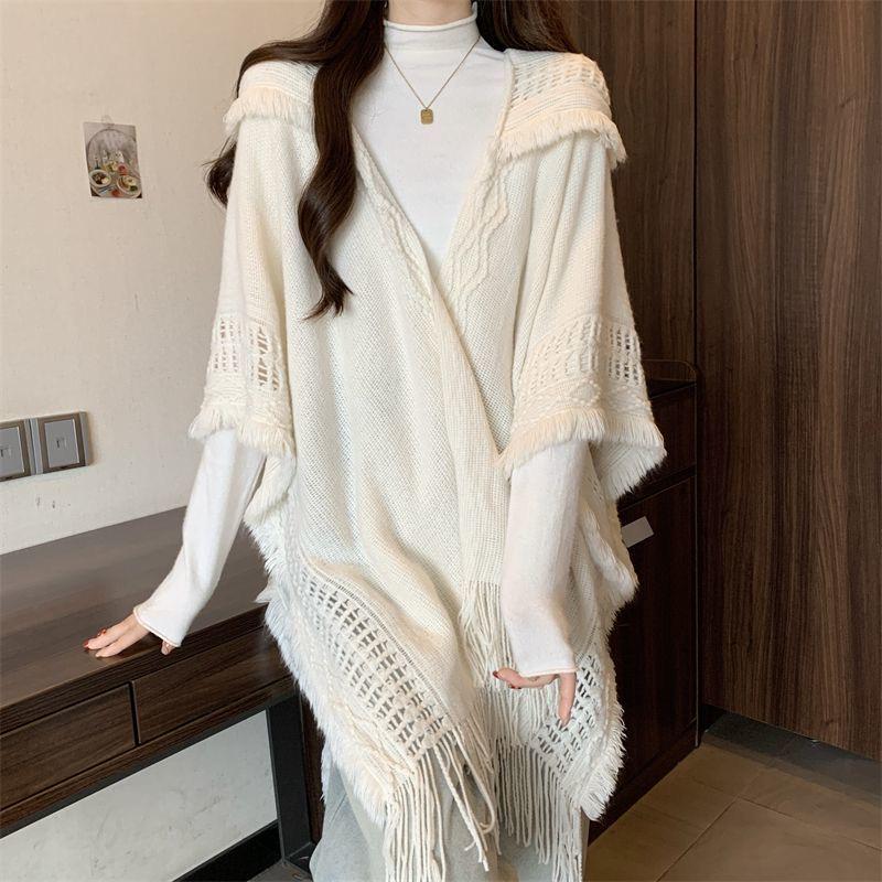Ethnic Knitted Tassel Hooded Cape Shawl - Women's Autumn/Winter Outerwear for Travel Photography