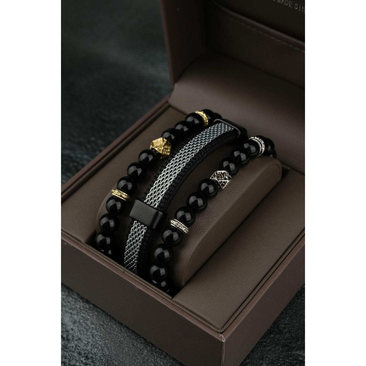 

Special Design Men s Leather And Natural Stone Bracelet Combination чёрный