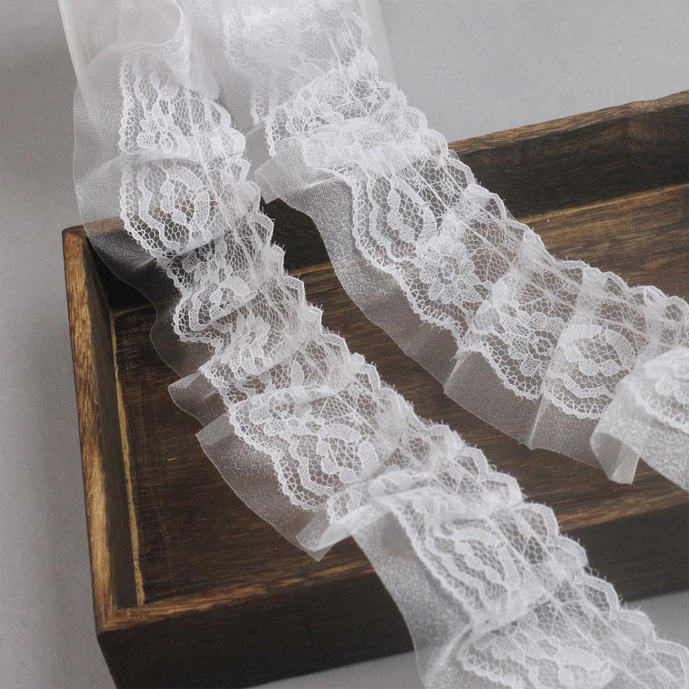 Eco-Friendly 5cm Chiffon Lace Ruffle Trim Double Layer Wrinkle Applique Ribbon for Garment 100cm Length BK WH 3D Pleated Fabric