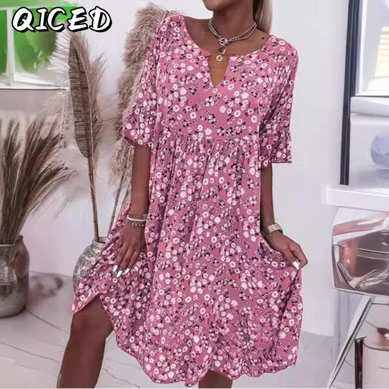 QICED Abiti Casual da Donna alla Moda Estivi Primaverili a Manica Corta con Scollo a V