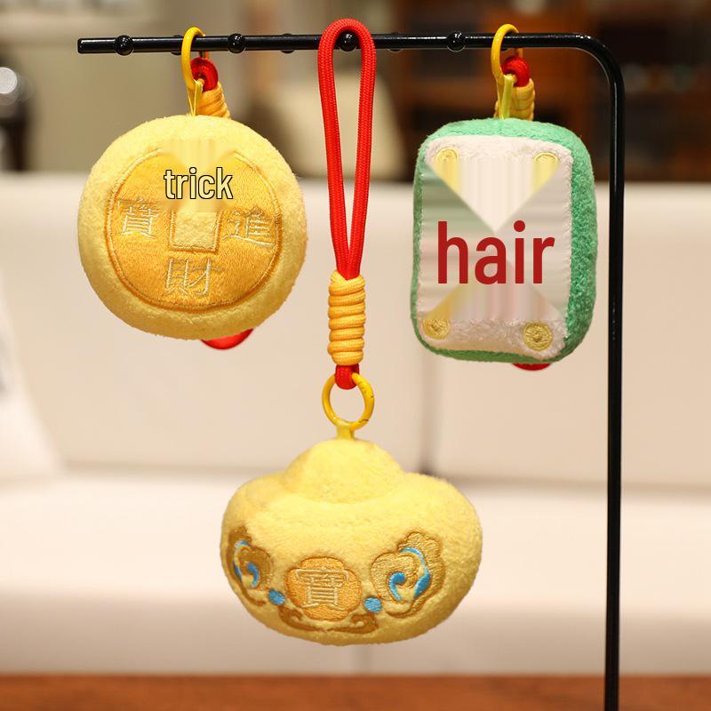 Chinese New Year Lucky Tiger Plush Pendant with Wealth God, Ingots, Copper Coins, Koi, & Horse Year Decoration