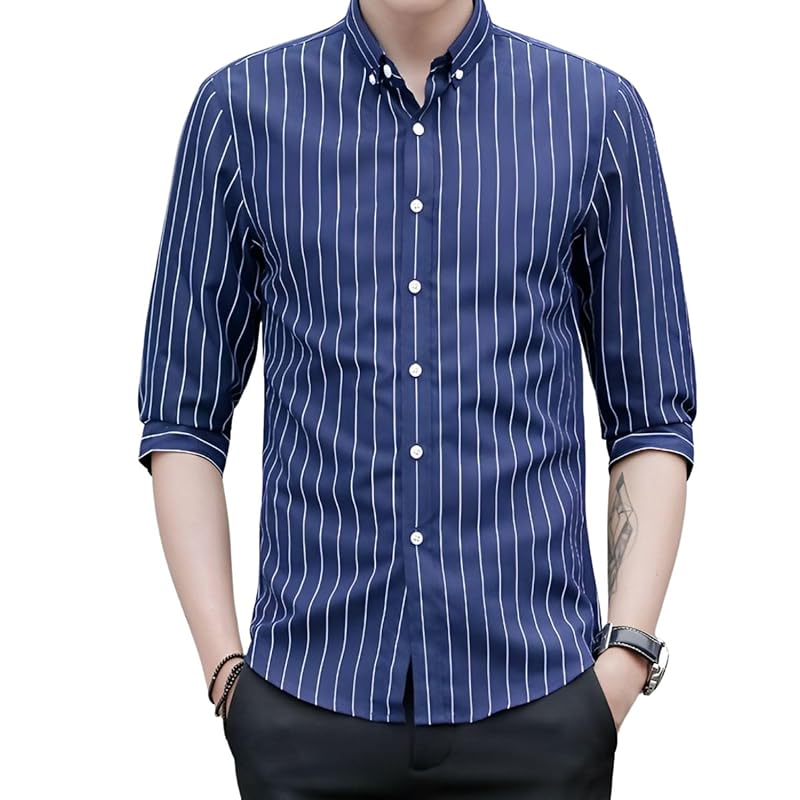 

[Four leaf] striped shirt men s casual shirt stripe button 3/4 sleeve with collar spring summer spring clothes tops big size shirt (JP, alphabet, M,