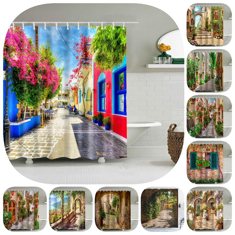 Pattern Landscape Bathroom Shower Curtain Waterproof Hook Bath Accessories Decor