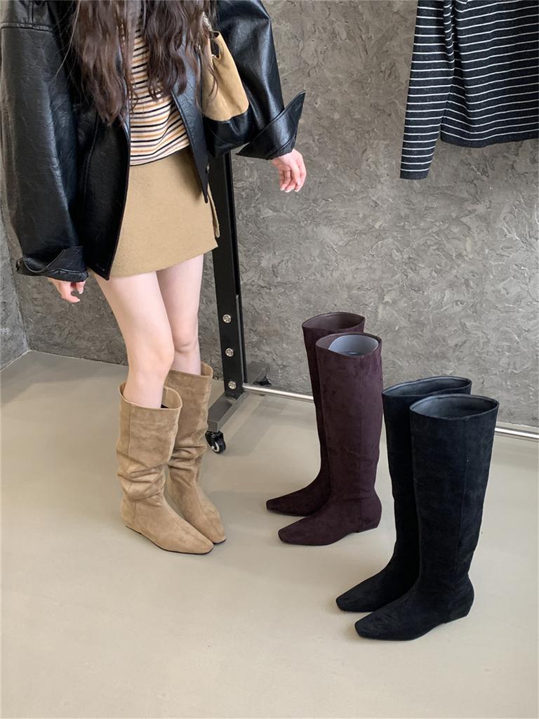 Suede Pile Boots Medium Knight Boots Women's Shoes 2025 Autumn and Winter Skinny Long Boots