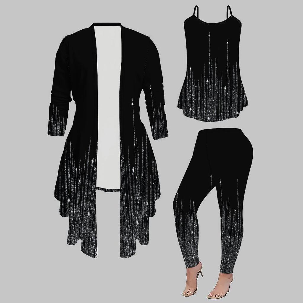 Plus Size Sommerfuglprint 3-delt Antrekk, Langermet Åpen Cardigan, Topp og Leggings Sett for Kvinner
