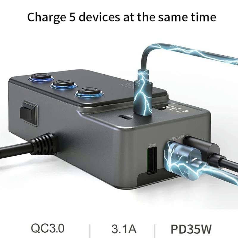 120W PD35W+QC3.0 Schnelllader 5 USB-Buchsen & 3x Zigarettenanzünder-Verteiler mit LED/Ein-Aus-Schaltern/LCD-Voltmeter Steckdose