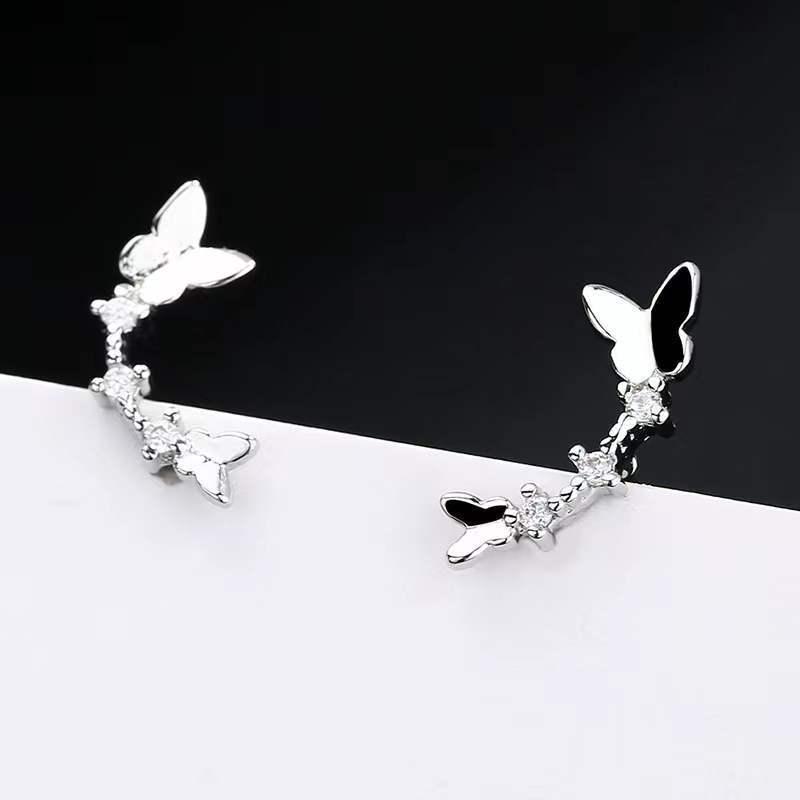 Beixi S925 Sterling Silver Rhinestone Butterfly Earrings - Women's Korean Forest Style