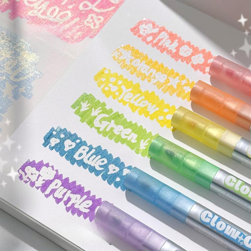 6pcs Dual-Tip Highlighters Set Erasable with Eraser & Glitter Tips Soft Highlighter for Journaling & Marking