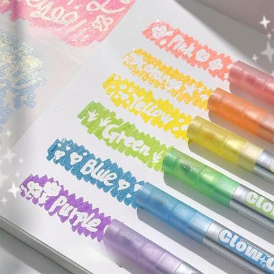 6er-Set Dual-Spitzen-Textmarker, löschbar mit Radiergummi & Glitzer-Spitzen, weicher Textmarker für Journaling & Markieren