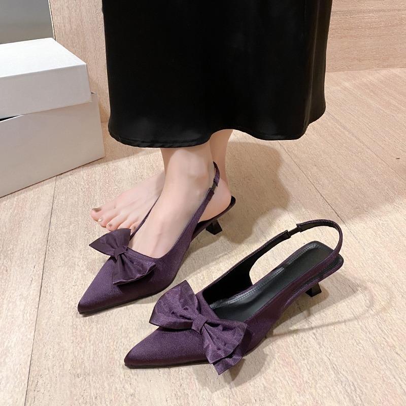 Fashion Luxury Pointy Bow Sandals Women's Bowknot Slingback Kitten Heels Black Pointed Toe Satin Slip on Low Heels Casual Dress Shoes