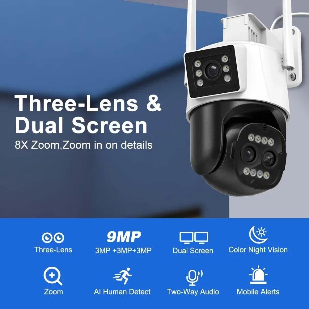 Nová EU 9MP 4K HD WiFi IP kamera Venkovní 8X zoom Tři objektivy Duální PTZ kamera Automatické sledování 8MP Zabezpečení Video Surveillance CCTV ICSEE
