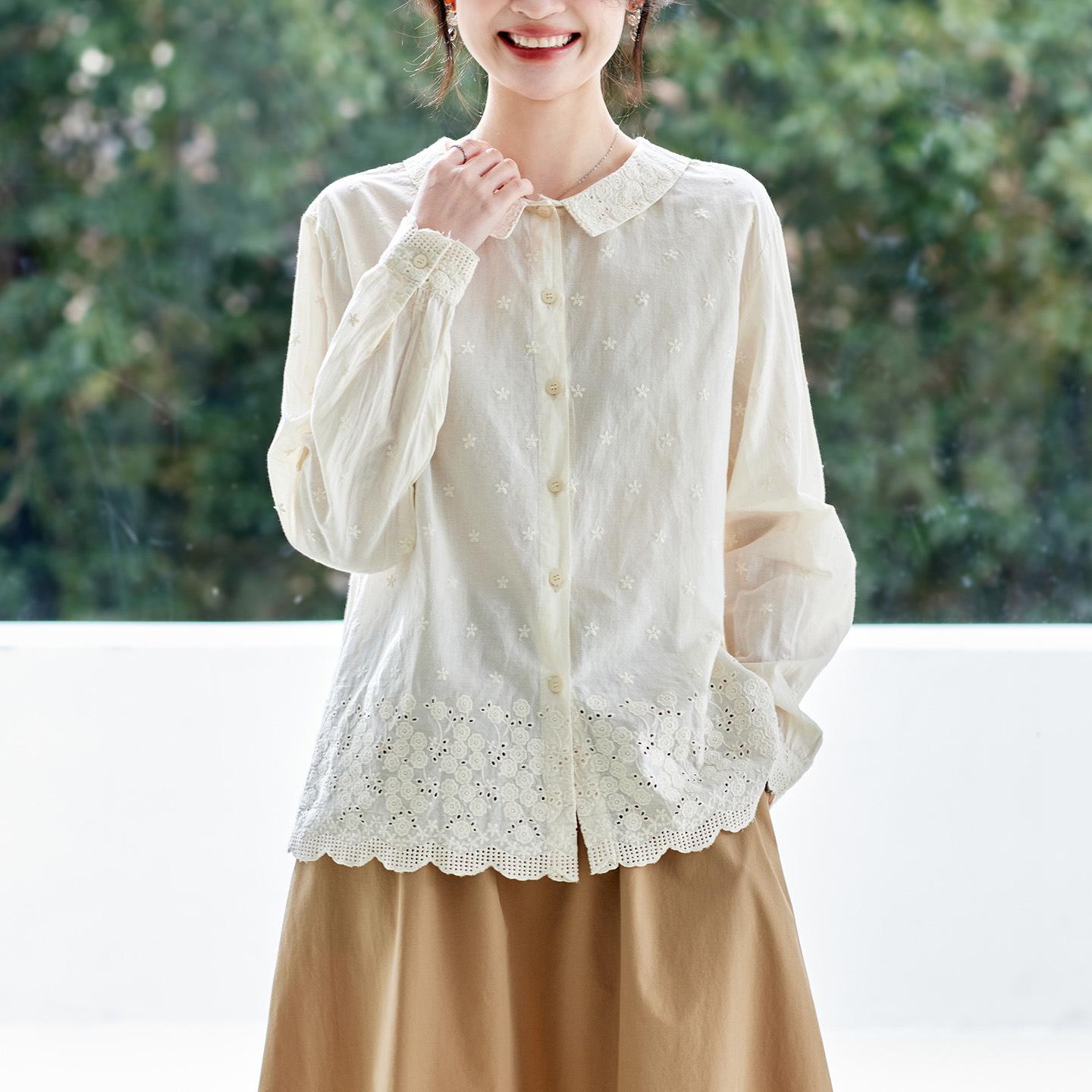 

Женская рубашка с длинным рукавом, абрикосовая, с вышивкой - Весна 2026, из чистого хлопка, топ в китайском национальном стиле XL абрикосовый