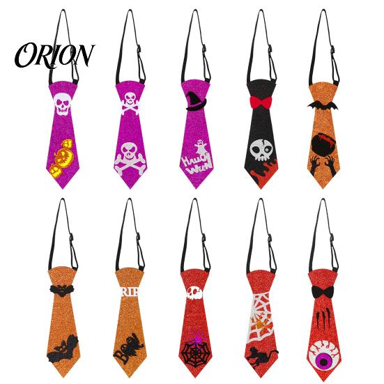 Halloween Cosplay Props Glitter Felt Tie, Skull Pumpkin Ghost Spider Bat Print Necktie Holiday Celebration Tie for Kids Adults, Adjustable Neck