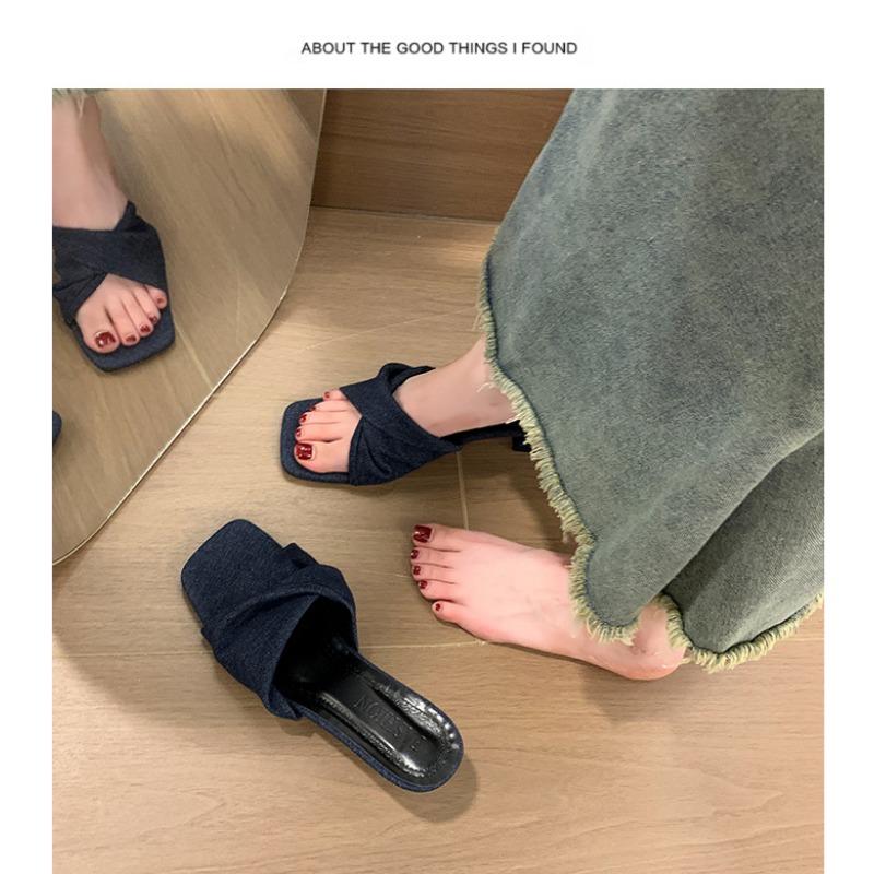 

Туфли нового стиля с квадратным носком, туфли на тонком каблуке, шлепанцы с одним ремешком, универсальные босоножки на высоком каблуке, шлепанцы 39 джинсовый синий