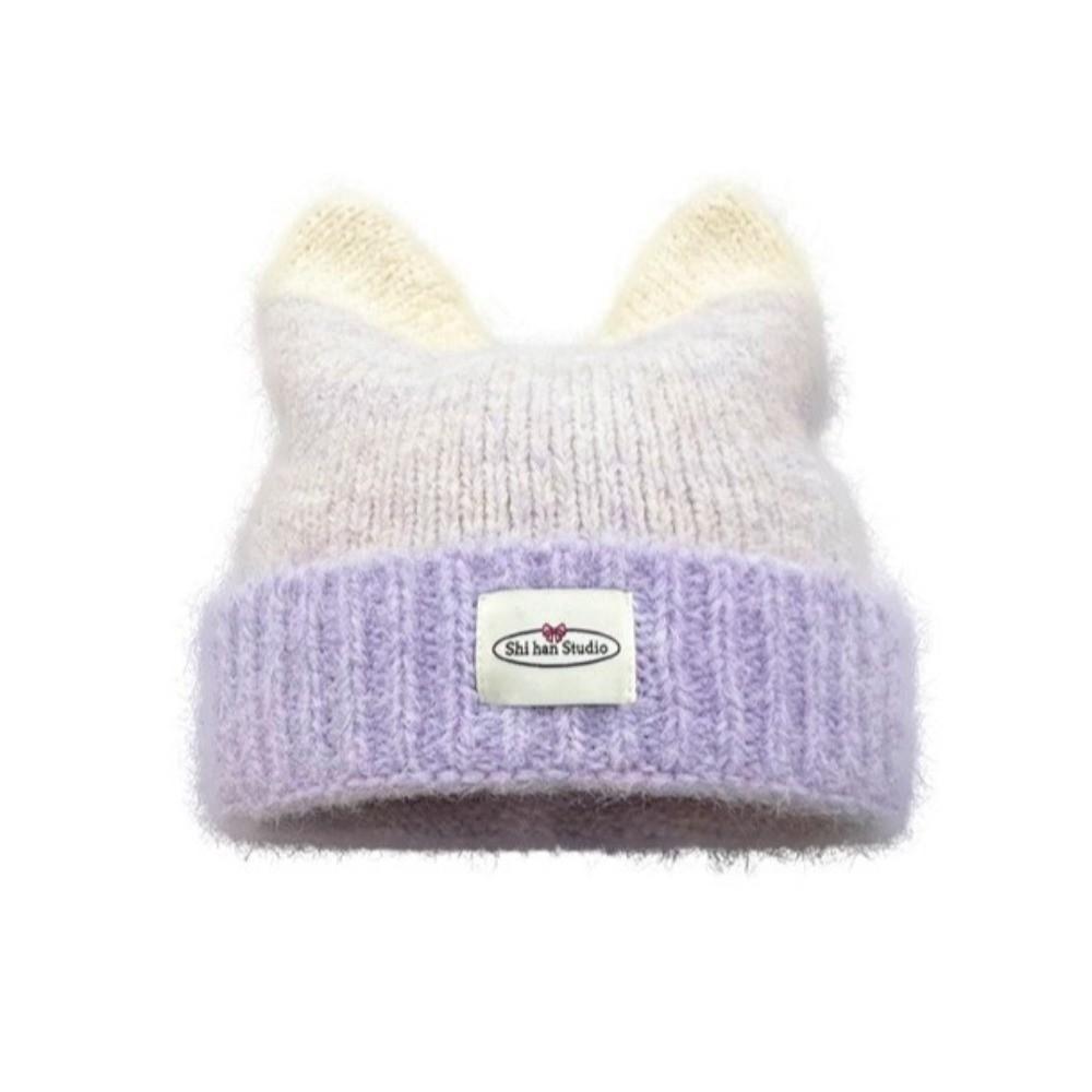 New Gradual Change Color Knitted Hat Yarn Warm Winter Hat Cat Ears Shape Cute Beanie Hat Women