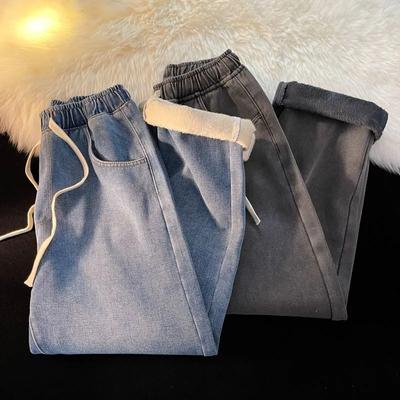 Herbst und Winter Herrenhose Verdickte Jeans Gerade Beinhose Elastische Taille Weite Beinhose Freizeithose