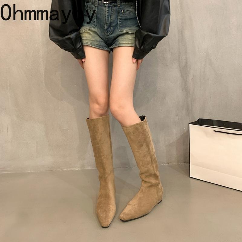 Vintage Stretch Slim Women Knee High Boots Fashion Slip On Pointed Toe Shoes Autumn Winter Low Heels Knight Long Botas