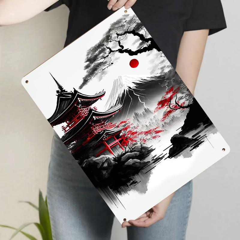 

Japanese Traditional Red Temple Fuji Mountain Metal Wall Art Ink Painting Style Iron Decor for Home Office 20x30cm（7.8x11.8inch）