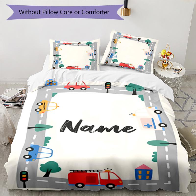 3pcs Custom Name Cute Cars Bedding Set Duvet Cover Closure Includes 1 Duvet Cover & 2 Pillowcases, Soft and Comfortable for All Seasons.