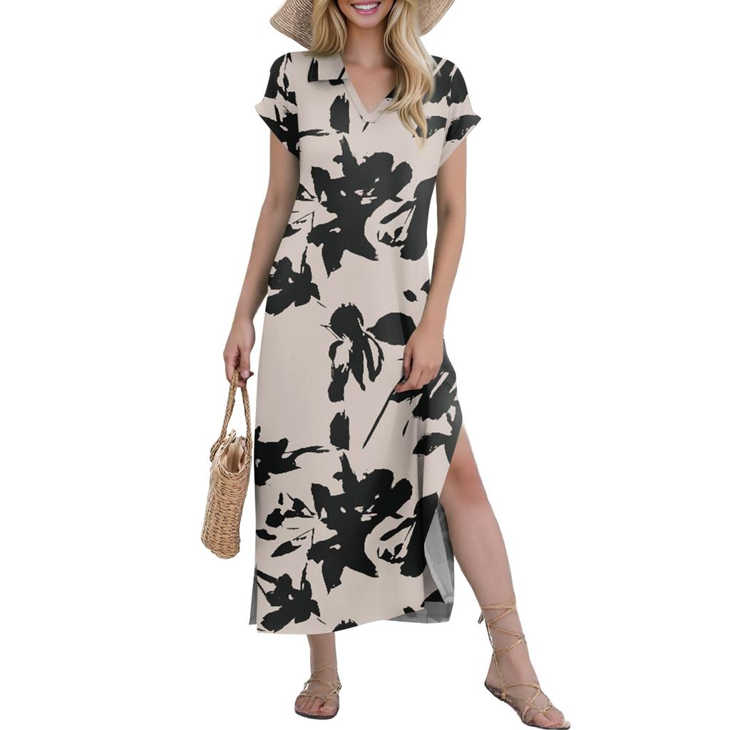 Women's Casual Comfortable V Neck Loose Hem Split Vacation Short Sleeve Floral Long Dresses