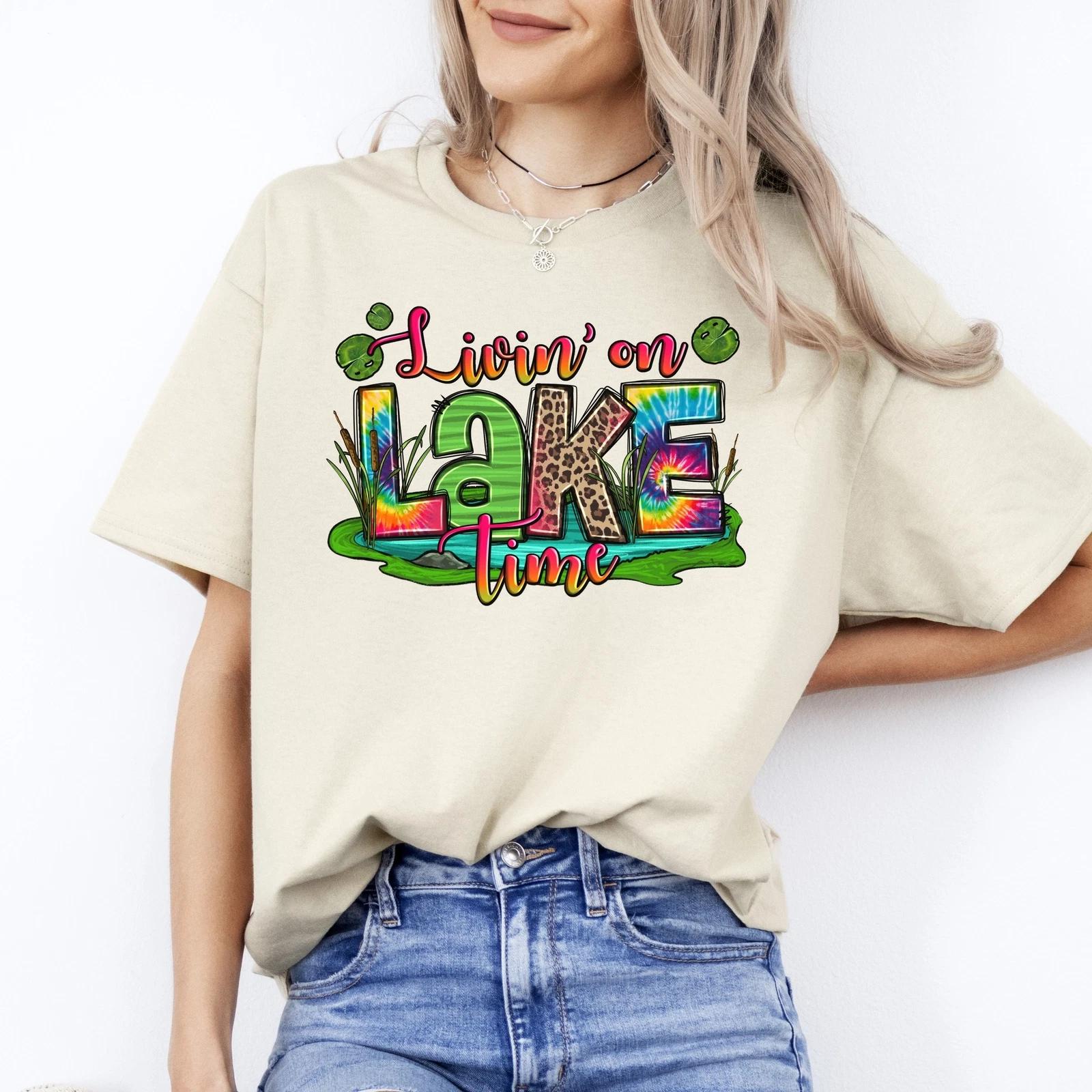 Living on lake time T-Shirt gift Summer lake camping Unisex Tee Sand White Sport 4XL
