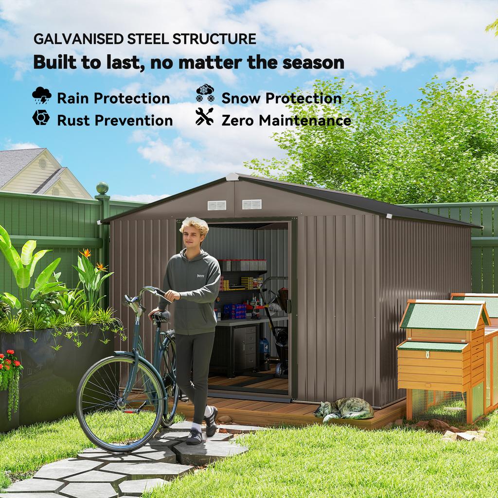 Depósito de Jardim com 2 Portas de Correr e 4 Ventilações em Aço, 322x277x192 cm, Castanho