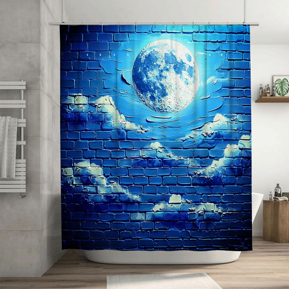 3D Printed Moon Blue Brick Shower Curtain Waterproof Bathroom Decor 59x70 (24Pcs)