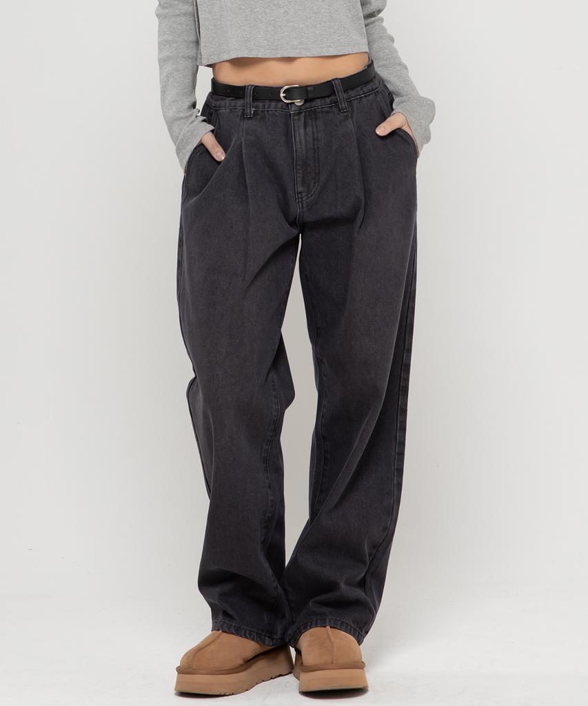 CHAMBROS Non-Faded Wide Denim Pants [Washed Black]