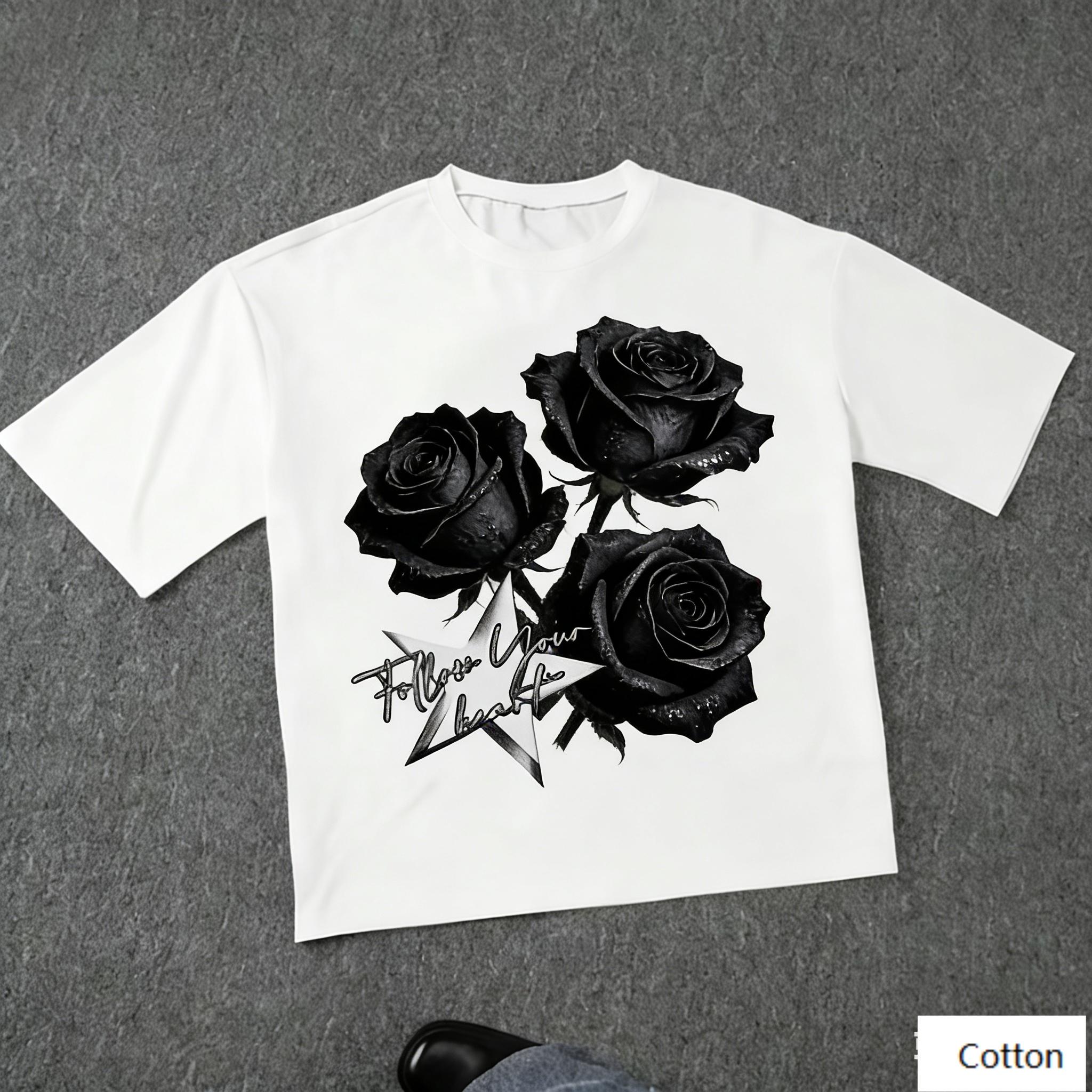 

Streetwear Unisex Cotton TShirt Featuring Edgy Black Rose Design and Follow Your Heart Star Hip Hop Punk Style Top 4XL