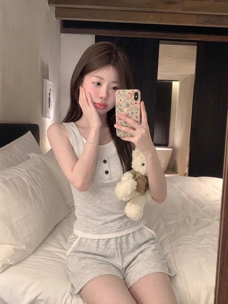 Ins Korean Simple Pure Desire Pajamas Women's Spring Summer New Large Size Vest Shorts Loungewear Set