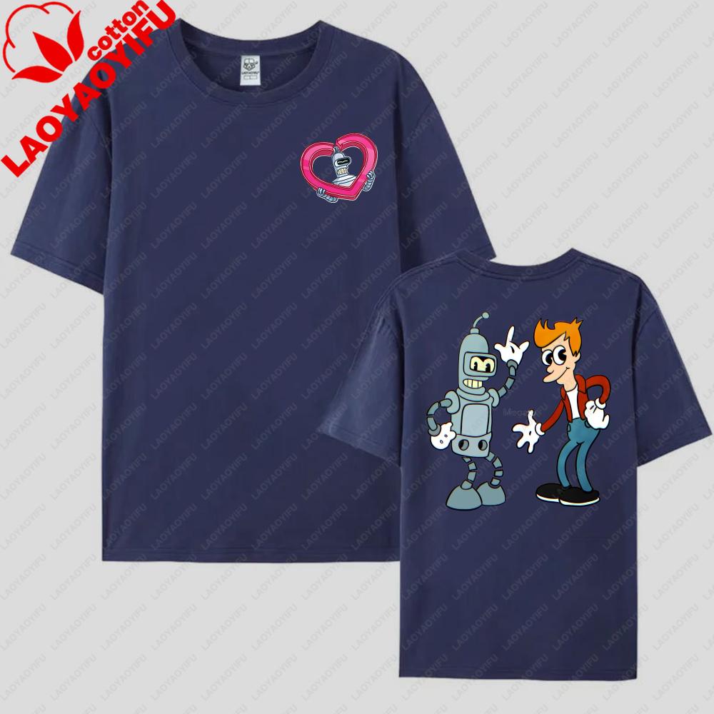 Funny Futurama Tees Robot and Boy Cartoon Design Unisex Cotton TShirt Casual Summer Wear Trendy Graphic Tee for Unisex Women