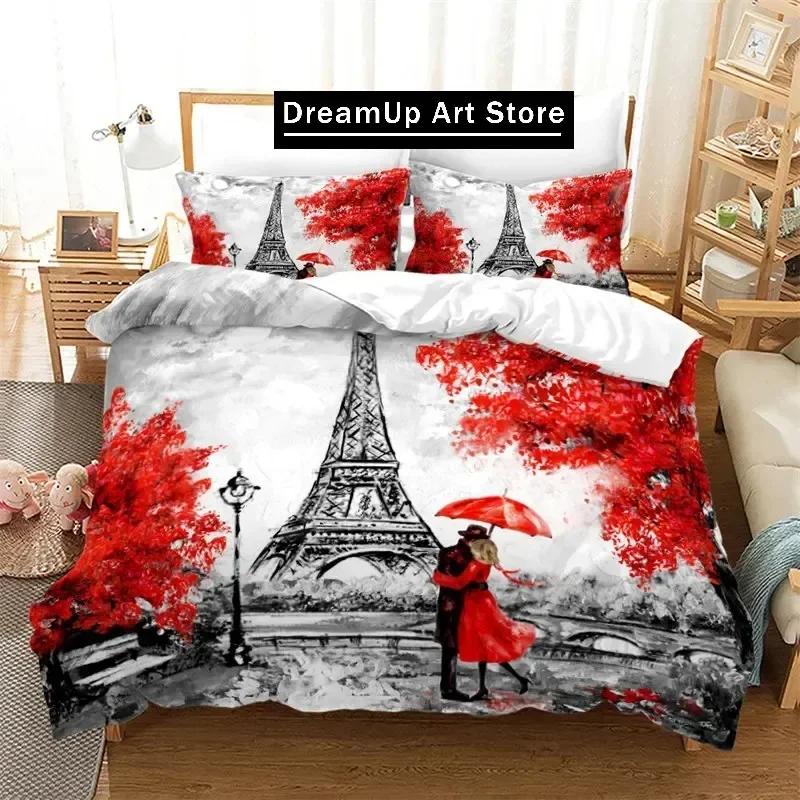 Eiffel Tower Duvet Cover Romantic Couple Flower King Comforter Cover Microfiber France Paris Cityscape Bedding Set For Girl Teen