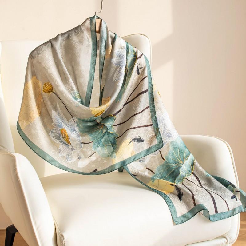Printed Jasper Lotus Silk Scarf Women Fashion Shawl Wrap